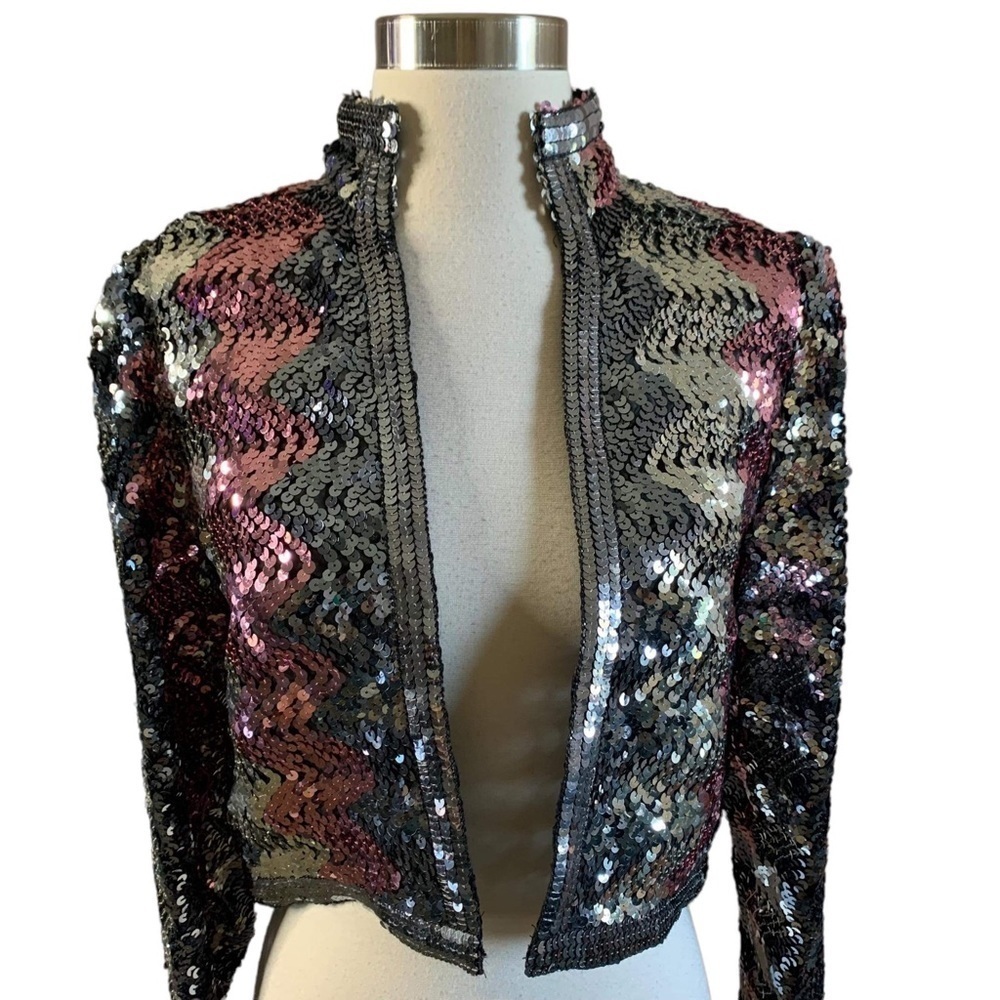 Vintage Ann Green Made In England 60’s 7os Short Sequined Open Front Jacket